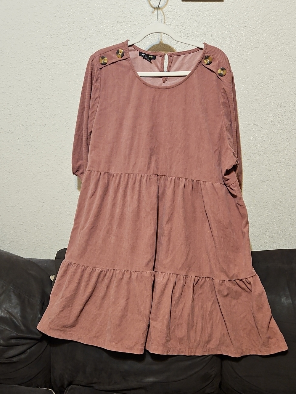 Robert Louis Dusty Rose Corduroy Tiered Midi Dress with Shoulder Buttons